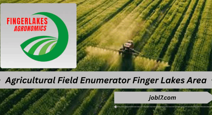 An aerial view of a field being worked on by a tractor, with the Finger Lakes Agronomics logo and job listing details prominently displayed.