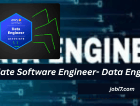 Graphic promoting the Associate Software Engineer - Data Engineer position with an AWS certification badge and a digital background.