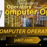 An illustration of a computer operator wearing a headset and working on a laptop, accompanied by related keywords emphasizing skills and job roles in the computer operation field.