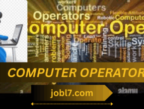 An illustration of a computer operator wearing a headset and working on a laptop, accompanied by related keywords emphasizing skills and job roles in the computer operation field.