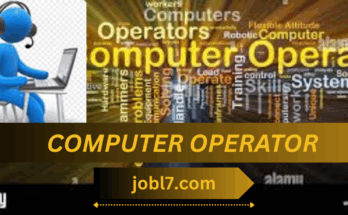 An illustration of a computer operator wearing a headset and working on a laptop, accompanied by related keywords emphasizing skills and job roles in the computer operation field.