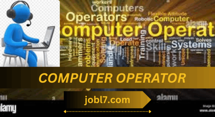 An illustration of a computer operator wearing a headset and working on a laptop, accompanied by related keywords emphasizing skills and job roles in the computer operation field.