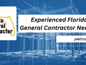 A graphic featuring the text "Experienced Florida General Contractor Needed" alongside a logo and a website link for job listings, set against a blueprint background.