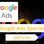 Image detailing a Google Ads logo and text emphasizing "Google Ads Specialist" with a colorful neon backdrop and website link.