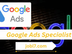 Image detailing a Google Ads logo and text emphasizing "Google Ads Specialist" with a colorful neon backdrop and website link.