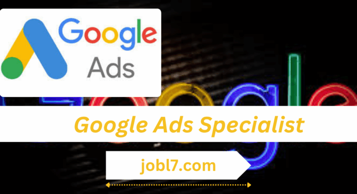 Image detailing a Google Ads logo and text emphasizing "Google Ads Specialist" with a colorful neon backdrop and website link.