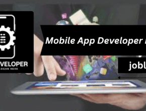 An advertisement featuring the title "Mobile App Developer Intern" alongside a graphic of a hand interacting with a tablet displaying app icons, promoting a job listing at jobl7.com.