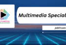 A graphic displaying the title "Multimedia Specialist" along with a colorful logo and website link against a futuristic background.