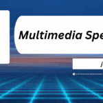 A graphic displaying the title "Multimedia Specialist" along with a colorful logo and website link against a futuristic background.