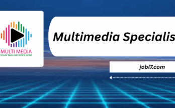 A graphic displaying the title "Multimedia Specialist" along with a colorful logo and website link against a futuristic background.