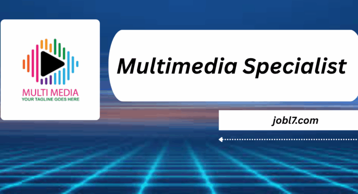 A graphic displaying the title "Multimedia Specialist" along with a colorful logo and website link against a futuristic background.