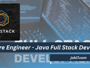 An advertisement for a Software Engineer position focused on Java Full Stack Development, featuring a colorful logo and coding background.