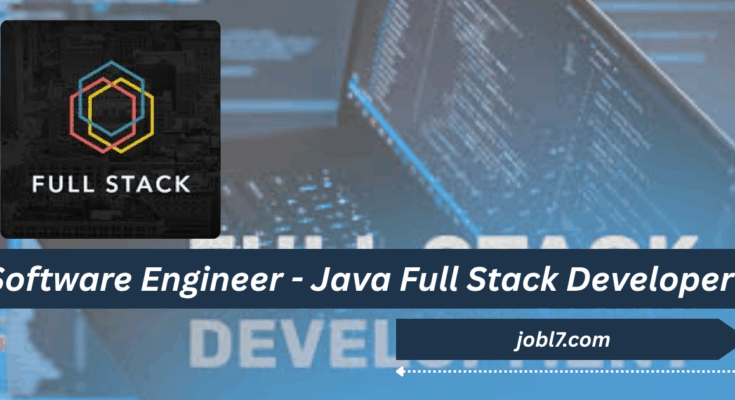 An advertisement for a Software Engineer position focused on Java Full Stack Development, featuring a colorful logo and coding background.
