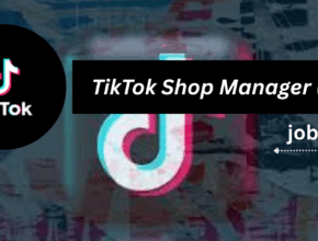 TikTok Shop Manager Position Available (USA):::Graphic promoting a TikTok Shop Manager job opportunity in the USA, featuring the TikTok logo and link to jobl7.com.